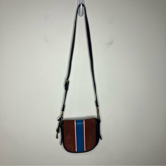 Fossil Rumi blue Cabernet striped suede leather flap crossbody bag small - Picture 3 of 15